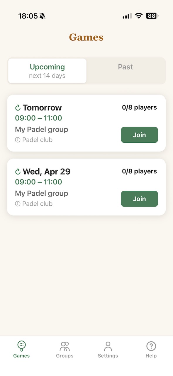 Padel Amigos games feed